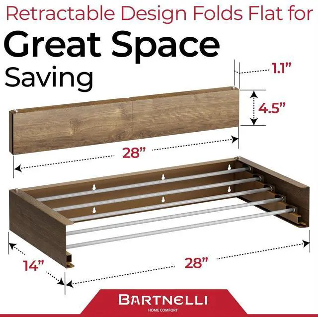 Alt view image 3 of 5 - Bartnelli Wall Mounted Clothes Drying Rack for Laundry | Collapsible Clothing Racks for Indoor and Outdoor Use | Patented Foldable Design for Space-Saving Efficiency (28 Wood)