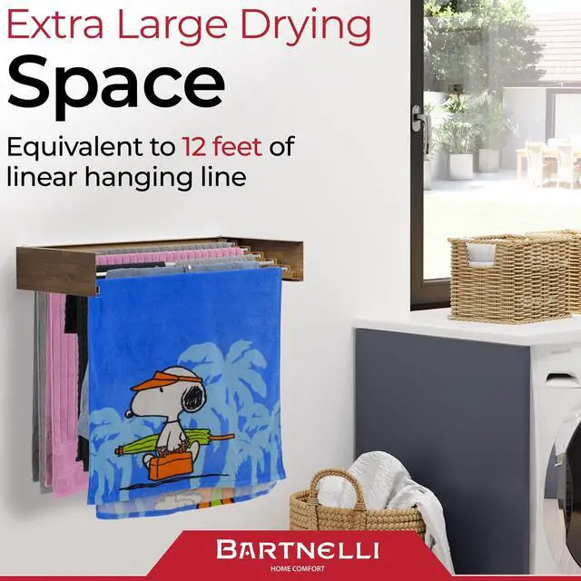 Alt view image 5 of 5 - Bartnelli Wall Mounted Clothes Drying Rack for Laundry | Collapsible Clothing Racks for Indoor and Outdoor Use | Patented Foldable Design for Space-Saving Efficiency (28 Wood)