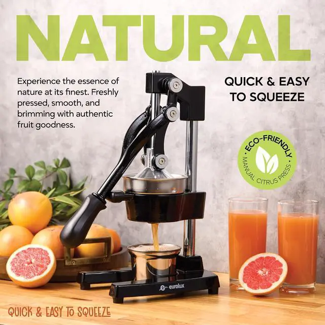Alt view image 2 of 7 - Eurolux Ultra-Premium Cast Iron Juicer | Extra-Large, Heavy Duty, Commercial Grade, Stainless Steel Manual Hand Press Citrus Squeezer For Fresh Orange Juice, Pomegranate, Lemon, and Much More (Black)