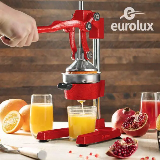 Alt view image 2 of 7 - Eurolux Ultra-Premium Cast Iron Juicer | Extra-Large, Heavy Duty, Commercial Grade, Stainless Steel Manual Hand Press Citrus Squeezer For Fresh Orange Juice, Pomegranate, Lemon, and Much More (Red)