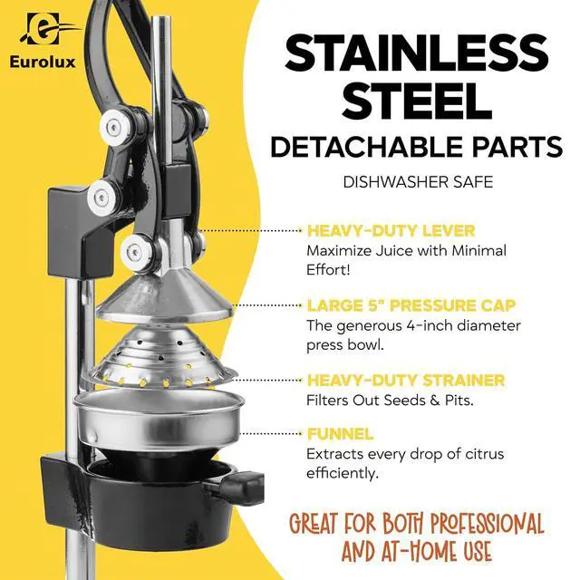 Alt view image 6 of 7 - Eurolux Ultra-Premium Cast Iron Juicer | Extra-Large, Heavy Duty, Commercial Grade, Stainless Steel Manual Hand Press Citrus Squeezer For Fresh Orange Juice, Pomegranate, Lemon, and Much More (Black)