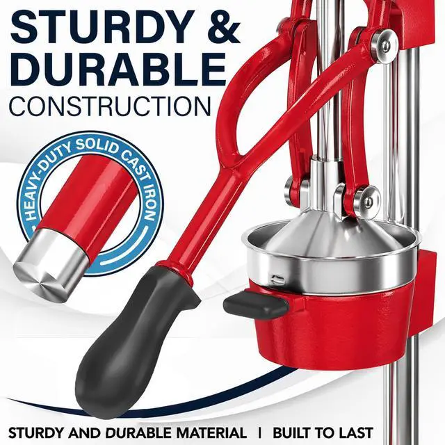 Alt view image 3 of 7 - Eurolux Ultra-Premium Cast Iron Juicer | Extra-Large, Heavy Duty, Commercial Grade, Stainless Steel Manual Hand Press Citrus Squeezer For Fresh Orange Juice, Pomegranate, Lemon, and Much More (Red)