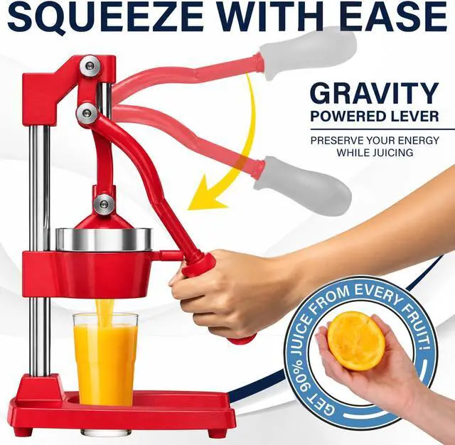 Alt view image 4 of 7 - Eurolux Ultra-Premium Cast Iron Juicer | Extra-Large, Heavy Duty, Commercial Grade, Stainless Steel Manual Hand Press Citrus Squeezer For Fresh Orange Juice, Pomegranate, Lemon, and Much More (Red)