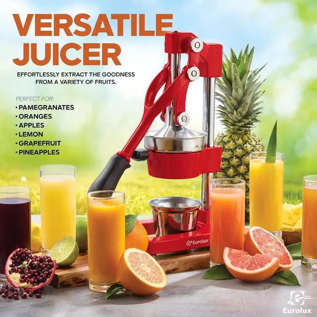 Alt view image 6 of 7 - Eurolux Ultra-Premium Cast Iron Juicer | Extra-Large, Heavy Duty, Commercial Grade, Stainless Steel Manual Hand Press Citrus Squeezer For Fresh Orange Juice, Pomegranate, Lemon, and Much More (Red)