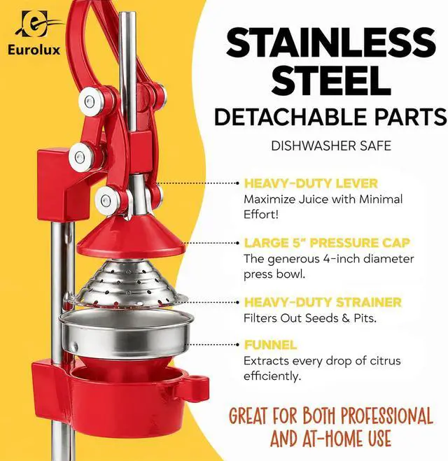 Alt view image 7 of 7 - Eurolux Ultra-Premium Cast Iron Juicer | Extra-Large, Heavy Duty, Commercial Grade, Stainless Steel Manual Hand Press Citrus Squeezer For Fresh Orange Juice, Pomegranate, Lemon, and Much More (Red)