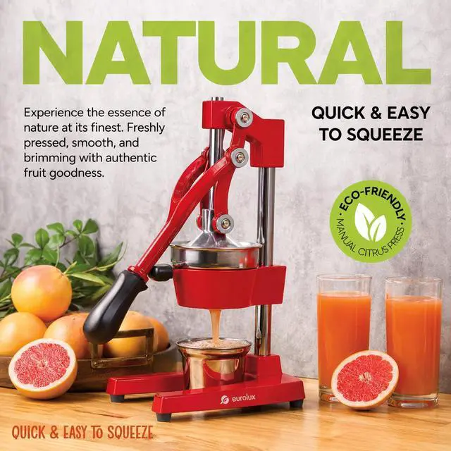 Alt view image 5 of 7 - Eurolux Ultra-Premium Cast Iron Juicer | Extra-Large, Heavy Duty, Commercial Grade, Stainless Steel Manual Hand Press Citrus Squeezer For Fresh Orange Juice, Pomegranate, Lemon, and Much More (Red)