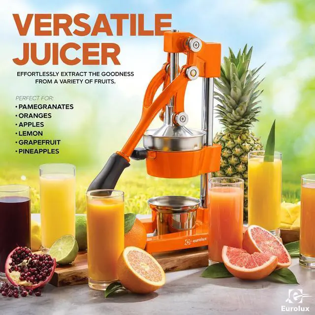 Alt view image 6 of 7 - Eurolux Ultra-Premium Cast Iron Juicer | Extra-Large, Heavy Duty, Commercial Grade, Stainless Steel Manual Hand Press Citrus Squeezer For Fresh Orange Juice, Pomegranate, Lemon, and Much More (Orange)