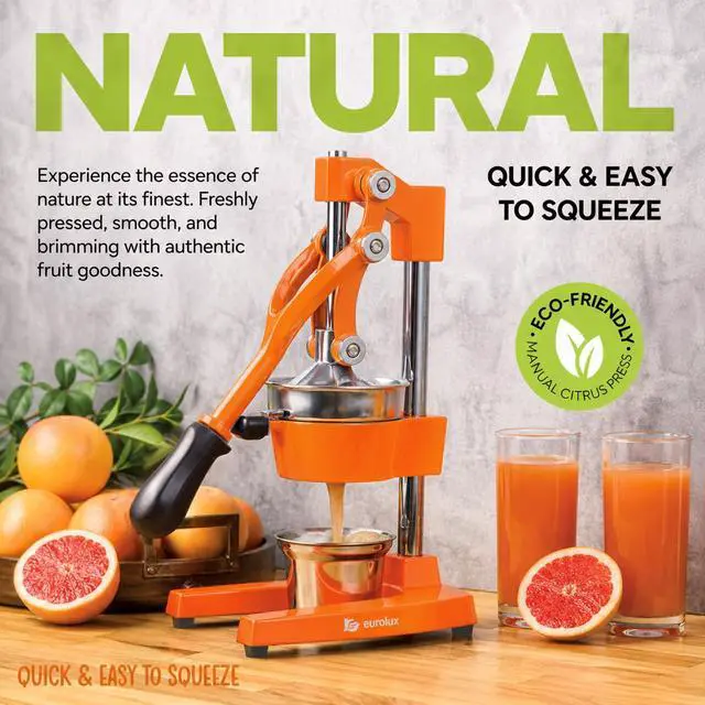 Alt view image 5 of 7 - Eurolux Ultra-Premium Cast Iron Juicer | Extra-Large, Heavy Duty, Commercial Grade, Stainless Steel Manual Hand Press Citrus Squeezer For Fresh Orange Juice, Pomegranate, Lemon, and Much More (Orange)