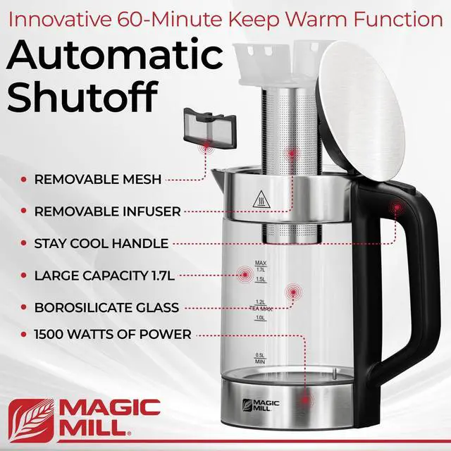Alt view image 2 of 7 - Magic Mill Pro Electric Kettle with tea Infuser and Temperature Control - Keep Warm Function, Rapid Boil, Automatic Safety Shut Off, BPA Free, No Plastic on Water, British Patent Technology,Large 1.7L