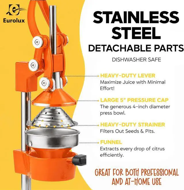 Alt view image 7 of 7 - Eurolux Ultra-Premium Cast Iron Juicer | Extra-Large, Heavy Duty, Commercial Grade, Stainless Steel Manual Hand Press Citrus Squeezer For Fresh Orange Juice, Pomegranate, Lemon, and Much More (Orange)