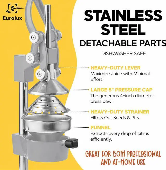 Alt view image 7 of 7 - Eurolux Ultra-Premium Cast Iron Juicer | Extra-Large, Heavy Duty, Commercial Grade, Stainless Steel Manual Hand Press Citrus Squeezer For Fresh Orange Juice, Pomegranate, Lemon, and Much More (Gray)