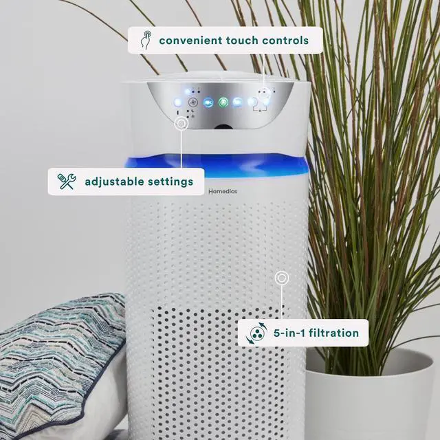 Alt view image 3 of 7 - Homedics 5-in-1 UV-C Air Purifier - 360-Degree HEPA Filter for 1,593 Sq Ft, Extra Large Air Purifiers for Bedroom and Home, Essential Oil Pads, Built-In Timer, 5 Speed Settings for Large Rooms, White