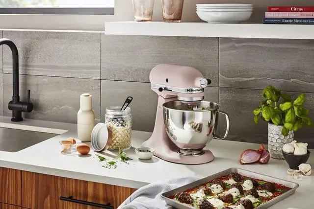 Alt view image 6 of 7 - KitchenAid Artisan Series 5 Quart Tilt Head Stand Mixer with Pouring Shield KSM150PS, Feather Pink