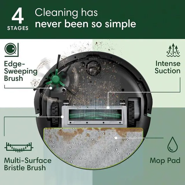 Alt view image 4 of 7 - iRobot Roomba 104 2in1 Vacuum & Mop Robot - Self-Empties for 75 Days, Intense Power-Lifting Suction, Vacuums All Floors, Ideal for Pet Hair, LiDAR Smart Navigation Mapping, Mops Hard Floors