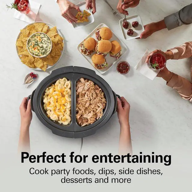 Alt view image 3 of 7 - Hamilton Beach 6 Quart Double Dish Slow Cooker, Cooks 2 Meals At Once | Dual 2.5 Quart Nonstick Insert | 3 Heat Settings | Serves 7+ | Dishwasher Safe Stoneware Crock & Glass Lid | Black | 33569