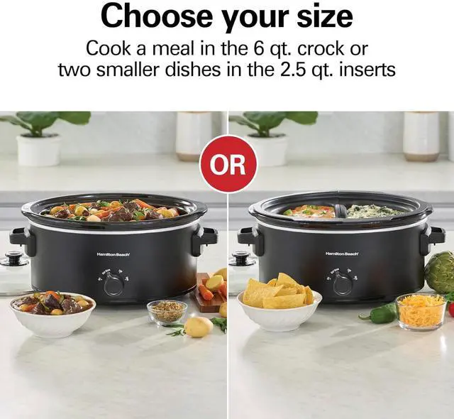 Alt view image 2 of 7 - Hamilton Beach 6 Quart Double Dish Slow Cooker, Cooks 2 Meals At Once | Dual 2.5 Quart Nonstick Insert | 3 Heat Settings | Serves 7+ | Dishwasher Safe Stoneware Crock & Glass Lid | Black | 33569