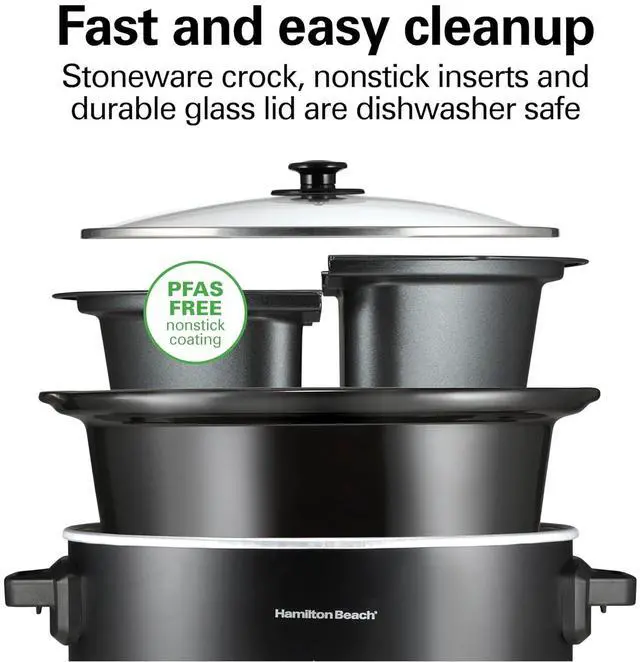 Alt view image 6 of 7 - Hamilton Beach 6 Quart Double Dish Slow Cooker, Cooks 2 Meals At Once | Dual 2.5 Quart Nonstick Insert | 3 Heat Settings | Serves 7+ | Dishwasher Safe Stoneware Crock & Glass Lid | Black | 33569