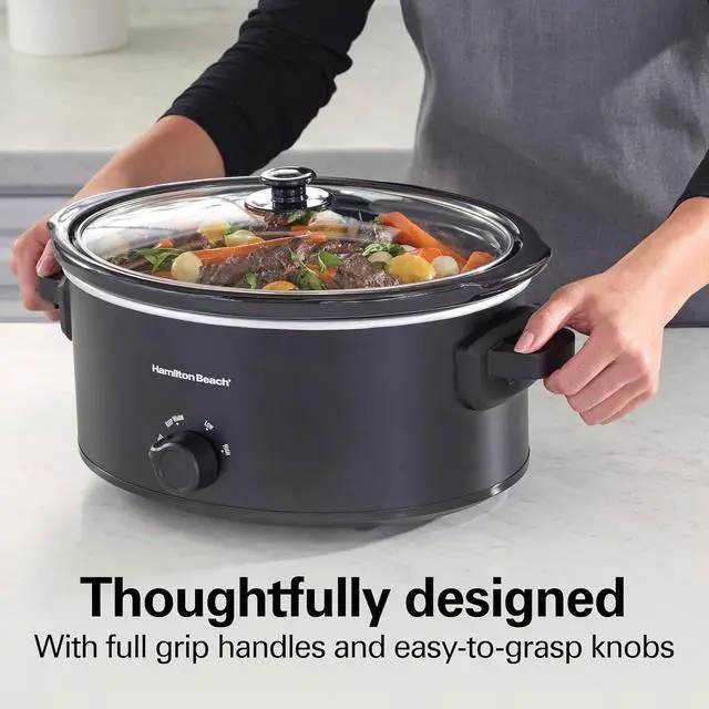 Alt view image 7 of 7 - Hamilton Beach 6 Quart Double Dish Slow Cooker, Cooks 2 Meals At Once | Dual 2.5 Quart Nonstick Insert | 3 Heat Settings | Serves 7+ | Dishwasher Safe Stoneware Crock & Glass Lid | Black | 33569