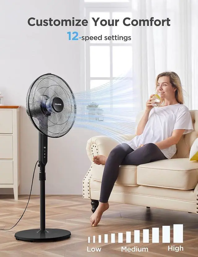 Alt view image 2 of 7 - PELONIS 16" Oscillating Pedestal Stand Up Fan | Adjustable Height | Ultra Quiet DC Motor | Remote Control | 12 Speed | 12-Hour Timer | High Energy Efficiency | for Bedroom Home Office Use | Black