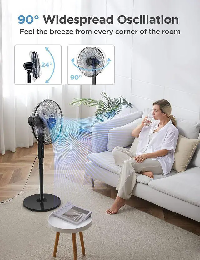 Alt view image 4 of 7 - PELONIS 16" Oscillating Pedestal Stand Up Fan | Adjustable Height | Ultra Quiet DC Motor | Remote Control | 12 Speed | 12-Hour Timer | High Energy Efficiency | for Bedroom Home Office Use | Black