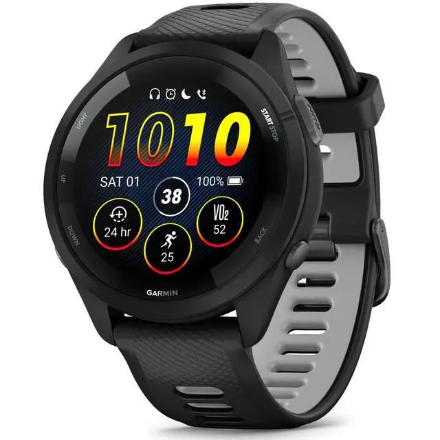 Alt view image 2 of 7 - Garmin Forerunner 265 Running GPS Smartwatch, AMOLED Display, 46mm, Black/Powder Gray, 010-02810-00 - Bundle w/Deco Essentials Charging Dock, Dust Cover and USB-C Cable