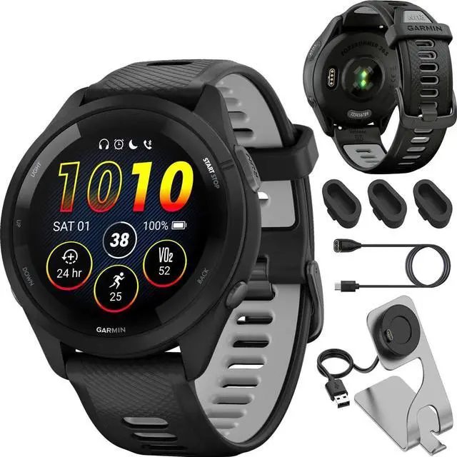 Main image of Garmin Forerunner 265 Running GPS Smartwatch, AMOLED Display, 46mm, Black/Powder Gray, 010-02810-00 - Bundle w/Deco Essentials Charging Dock, Dust Cover and USB-C Cable