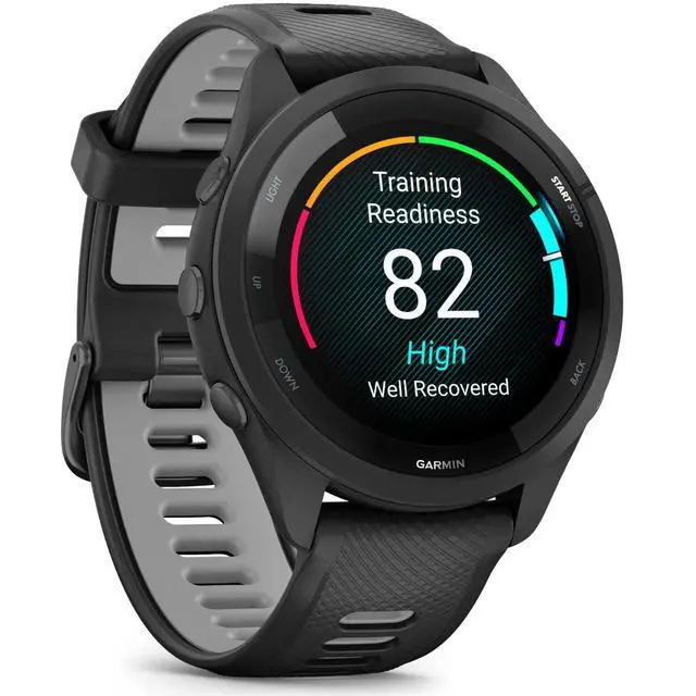 Alt view image 4 of 7 - Garmin Forerunner 265 Running GPS Smartwatch, AMOLED Display, 46mm, Black/Powder Gray, 010-02810-00 - Bundle w/Deco Essentials Charging Dock, Dust Cover and USB-C Cable