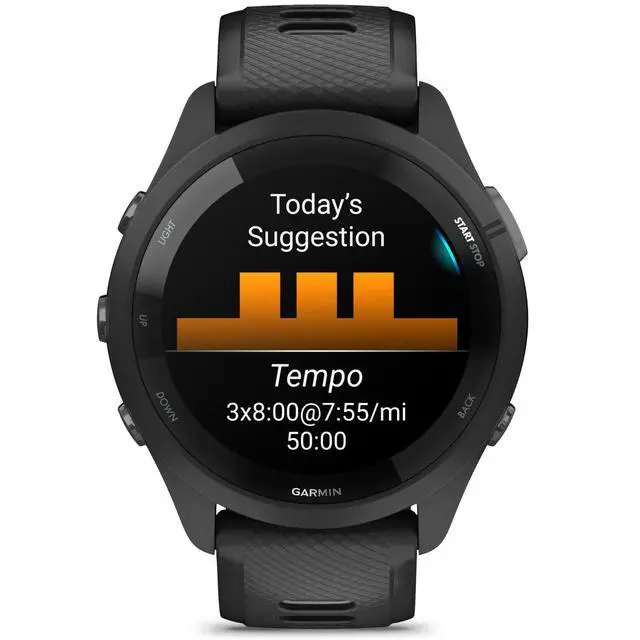 Alt view image 5 of 7 - Garmin Forerunner 265 Running GPS Smartwatch, AMOLED Display, 46mm, Black/Powder Gray, 010-02810-00 - Bundle w/Deco Essentials Charging Dock, Dust Cover and USB-C Cable
