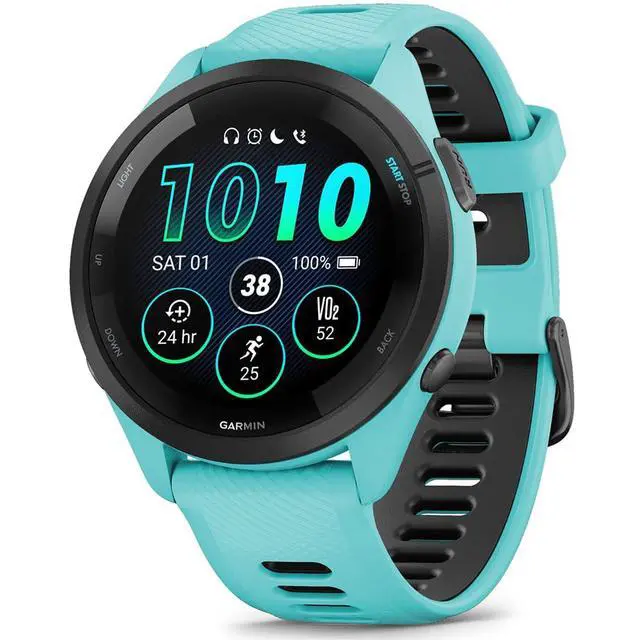 Alt view image 2 of 7 - Garmin Forerunner 265 Running GPS Smartwatch, AMOLED Display, 46mm, Aqua/Black, 010-02810-02 - Bundle w/Deco Essentials 26-Month CPS Plan