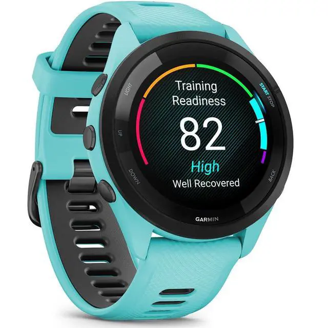 Alt view image 4 of 7 - Garmin Forerunner 265 Running GPS Smartwatch, AMOLED Display, 46mm, Aqua/Black, 010-02810-02 - Bundle w/Deco Essentials 26-Month CPS Plan