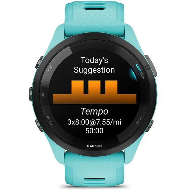Alt view image 5 of 7 - Garmin Forerunner 265 Running GPS Smartwatch, AMOLED Display, 46mm, Aqua/Black, 010-02810-02 - Bundle w/Deco Essentials 26-Month CPS Plan