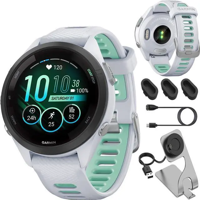 Main image of Garmin Forerunner 265S Running GPS Smartwatch, AMOLED Display, 42mm, Whitestone/Neo Tropic, 010-02810-04 - Bundle w/Deco Essentials Charging Dock, Dust Cover and USB-C Cable