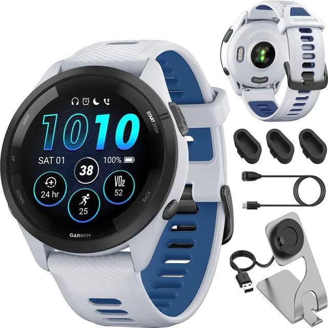 Main image of Garmin Forerunner 265 Running GPS Smartwatch, AMOLED Display, 46mm, Whitestone/Tidal Blue, 010-02810-01 - Bundle w/Deco Essentials Charging Dock, Dust Cover and USB-C Cable