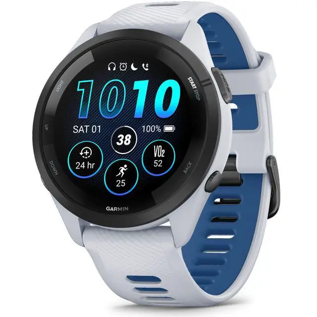 Alt view image 2 of 7 - Garmin Forerunner 265 Running GPS Smartwatch, AMOLED Display, 46mm, Whitestone/Tidal Blue, 010-02810-01 - Bundle w/Deco Essentials Charging Dock, Dust Cover and USB-C Cable