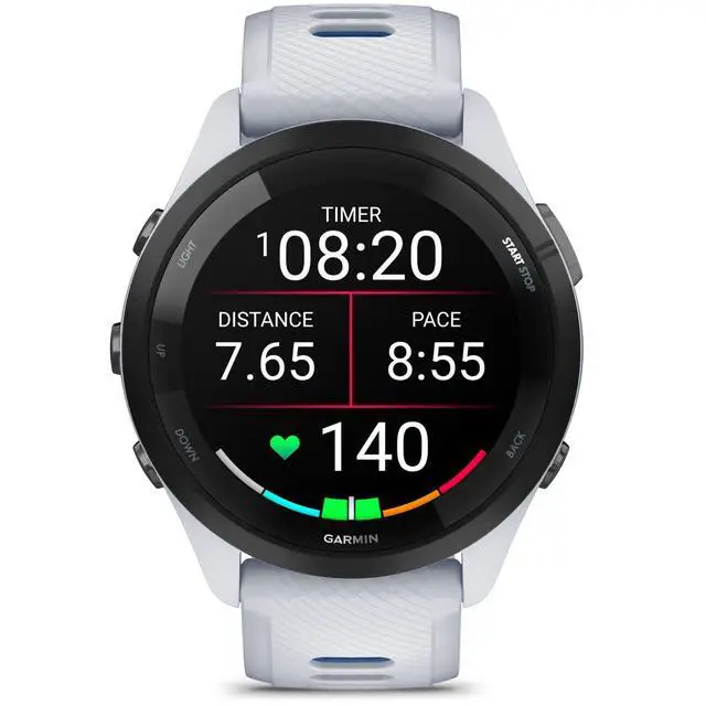 Alt view image 3 of 7 - Garmin Forerunner 265 Running GPS Smartwatch, AMOLED Display, 46mm, Whitestone/Tidal Blue, 010-02810-01 - Bundle w/Deco Essentials Charging Dock, Dust Cover and USB-C Cable