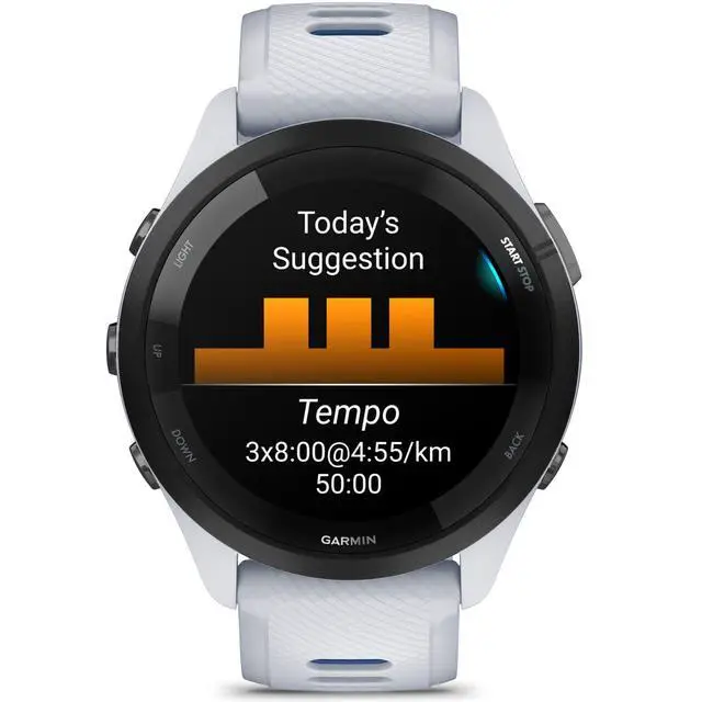 Alt view image 5 of 7 - Garmin Forerunner 265 Running GPS Smartwatch, AMOLED Display, 46mm, Whitestone/Tidal Blue, 010-02810-01 - Bundle w/Deco Essentials Charging Dock, Dust Cover and USB-C Cable