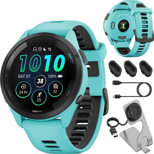 Main image of Garmin Forerunner 265 Running GPS Smartwatch, AMOLED Display, 46mm, Aqua/Black, 010-02810-02 - Bundle w/Deco Essentials Charging Dock, Dust Cover and USB-C Cable