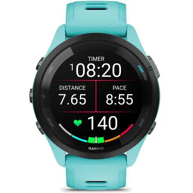 Alt view image 3 of 7 - Garmin Forerunner 265 Running GPS Smartwatch, AMOLED Display, 46mm, Aqua/Black, 010-02810-02 - Bundle w/Deco Essentials Charging Dock, Dust Cover and USB-C Cable