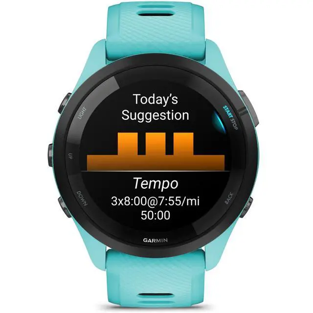 Alt view image 5 of 7 - Garmin Forerunner 265 Running GPS Smartwatch, AMOLED Display, 46mm, Aqua/Black, 010-02810-02 - Bundle w/Deco Essentials Charging Dock, Dust Cover and USB-C Cable