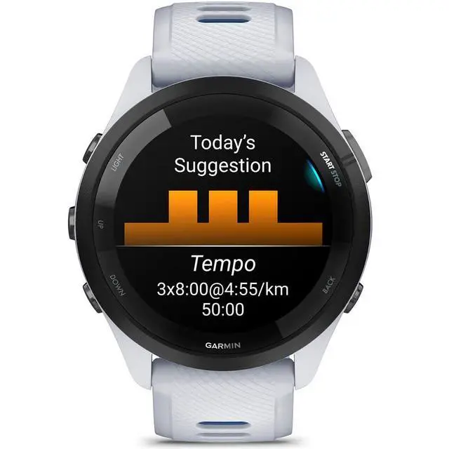 Alt view image 5 of 7 - Garmin Forerunner 265 Running GPS Smartwatch, AMOLED Display, 46mm, Whitestone/Tidal Blue, 010-02810-01 - Bundle w/Deco Essentials 26-Month CPS Plan