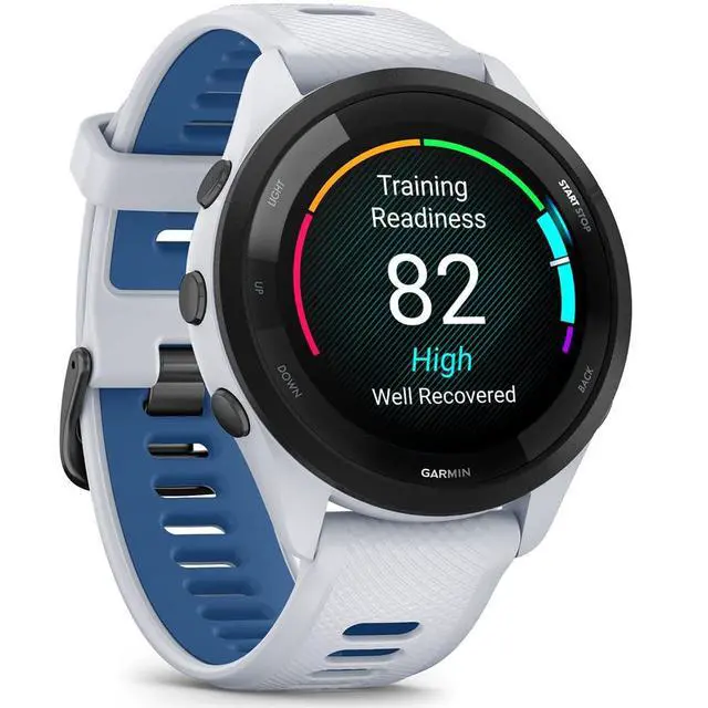Alt view image 4 of 7 - Garmin Forerunner 265 Running GPS Smartwatch, AMOLED Display, 46mm, Whitestone/Tidal Blue, 010-02810-01 - Bundle w/Deco Essentials 26-Month CPS Plan