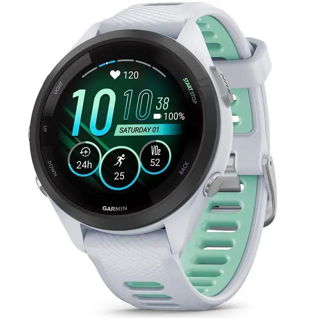 Alt view image 2 of 7 - Garmin Forerunner 265S Running GPS Smartwatch, AMOLED Display, 42mm, Whitestone/Neo Tropic, 010-02810-04 - Bundle w/Deco Essentials Charging Dock, Dust Cover and USB-C Cable