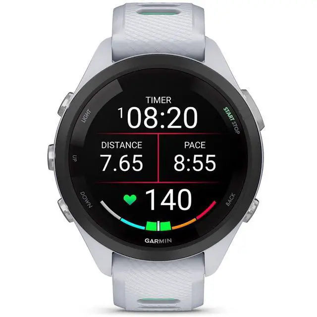 Alt view image 3 of 7 - Garmin Forerunner 265S Running GPS Smartwatch, AMOLED Display, 42mm, Whitestone/Neo Tropic, 010-02810-04 - Bundle w/Deco Essentials Charging Dock, Dust Cover and USB-C Cable