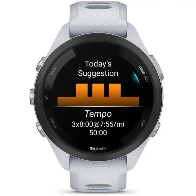 Alt view image 5 of 7 - Garmin Forerunner 265S Running GPS Smartwatch, AMOLED Display, 42mm, Whitestone/Neo Tropic, 010-02810-04 - Bundle w/Deco Essentials Charging Dock, Dust Cover and USB-C Cable