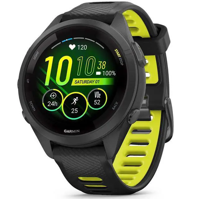 Alt view image 2 of 7 - Garmin Forerunner 265S Running GPS Smartwatch, AMOLED Display, 42mm, Black/Amp Yellow, 010-02810-03 - Bundle w/Deco Essentials Charging Dock, Dust Cover and USB-C Cable