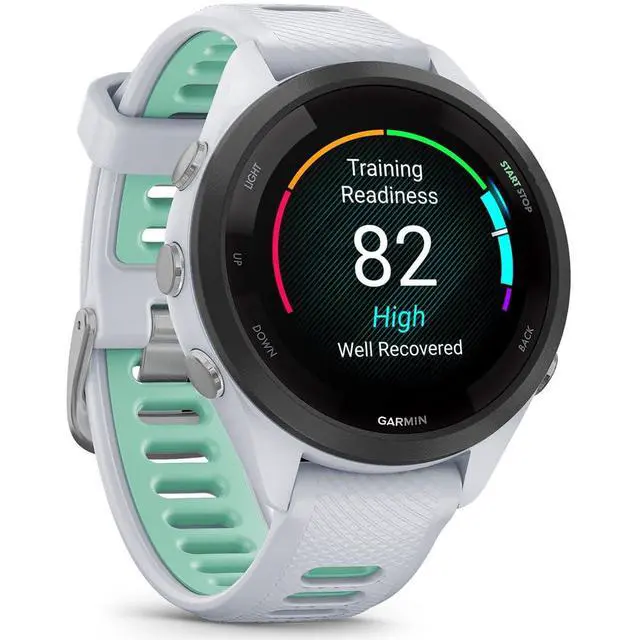 Alt view image 4 of 7 - Garmin Forerunner 265S Running GPS Smartwatch, AMOLED Display, 42mm, Whitestone/Neo Tropic, 010-02810-04 - Bundle w/Deco Essentials Charging Dock, Dust Cover and USB-C Cable