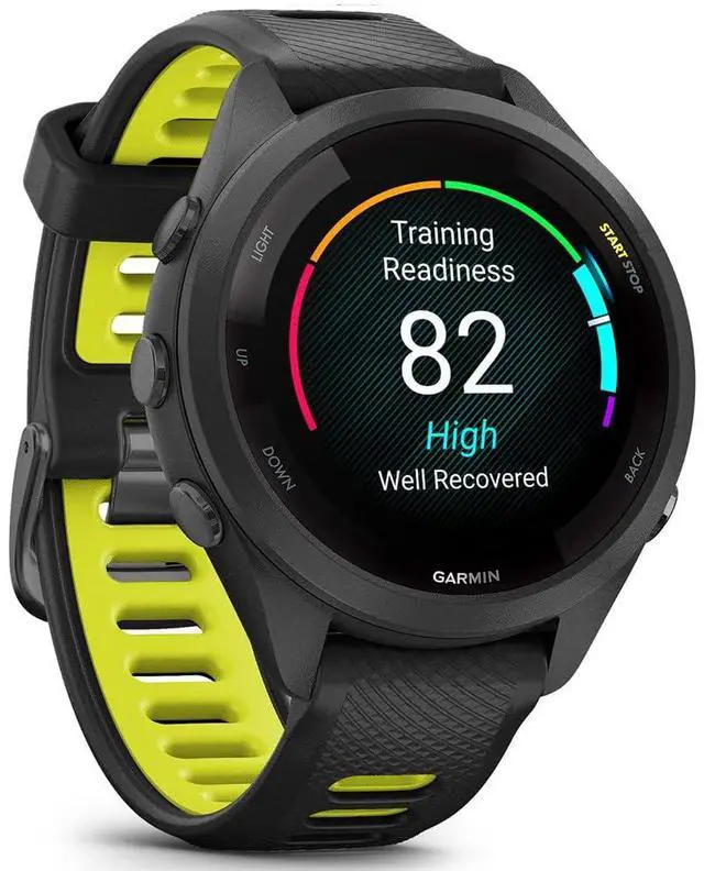 Alt view image 4 of 7 - Garmin Forerunner 265S Running GPS Smartwatch, AMOLED Display, 42mm, Black/Amp Yellow, 010-02810-03 - Bundle w/Deco Essentials Charging Dock, Dust Cover and USB-C Cable