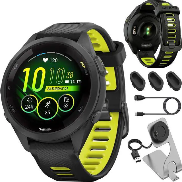 Main image of Garmin Forerunner 265S Running GPS Smartwatch, AMOLED Display, 42mm, Black/Amp Yellow, 010-02810-03 - Bundle w/Deco Essentials Charging Dock, Dust Cover and USB-C Cable