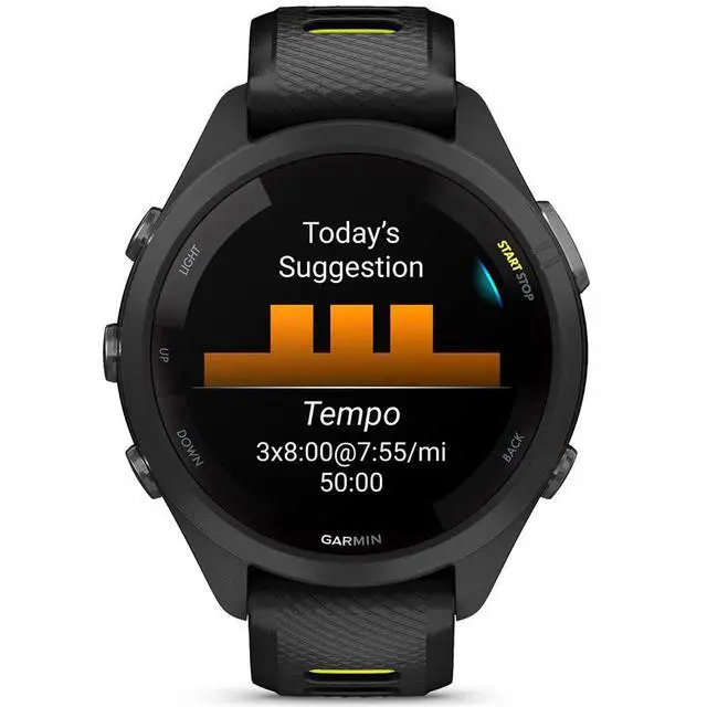 Alt view image 5 of 7 - Garmin Forerunner 265S Running GPS Smartwatch, AMOLED Display, 42mm, Black/Amp Yellow, 010-02810-03 - Bundle w/Deco Essentials Charging Dock, Dust Cover and USB-C Cable