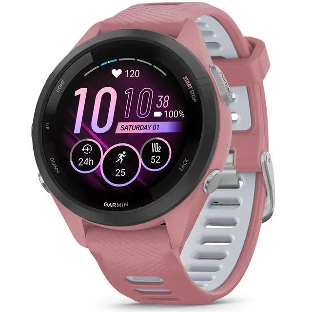 Alt view image 2 of 7 - Garmin Forerunner 265S Running GPS Smartwatch, AMOLED Display, 42mm, Light Pink/Whitestone, 010-02810-05 - Bundle w/Deco Essentials 26-Month CPS Plan